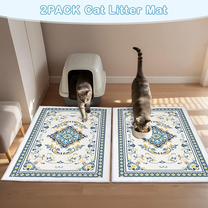 2 Pack Washable Cat Litter Mat 48"x36" Waterproof Trapping Pad | Kitty Litter Box Mat Featuring A Non-Slip Base And Decorative Design To Trap Scatter For Home Floor Protection - Image 5