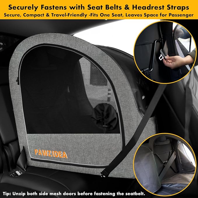 PAWZIDEA Portable Dog Crate for Car Travel, Medium & Large Dogs Up to 80lbs | Soft-Sided Dog Car Kennel for Backseat, Secures Seatbelt & Headrest Strap, Collapsible Enclosed Car Seat Carrier, Chew-Proof - Image 4