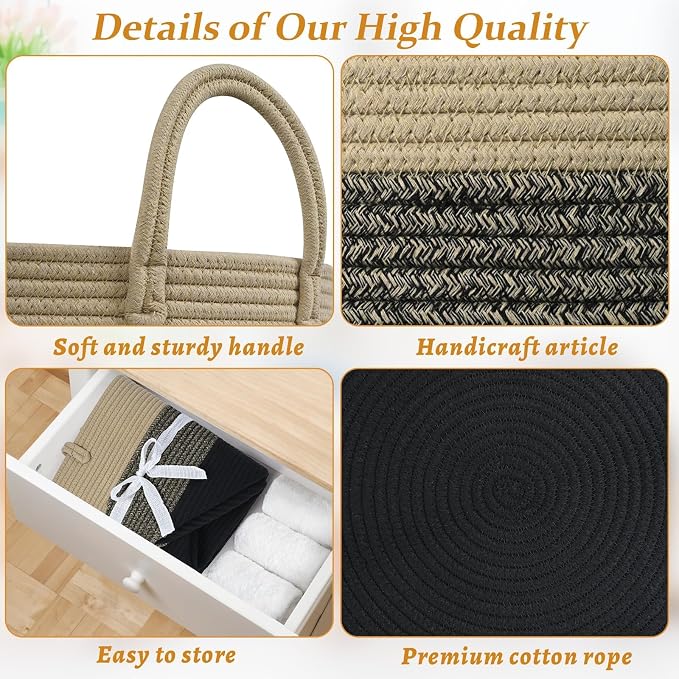 67L Large Woven Blanket Basket, Cotton Rope Baby Laundry Hamper with Handles, Kids Toy Basket for Classroom & Nursery, Soft Round Stuffed Animal Storage, Dog Toy Bin - 20"x13", Black & Brown - Image 8
