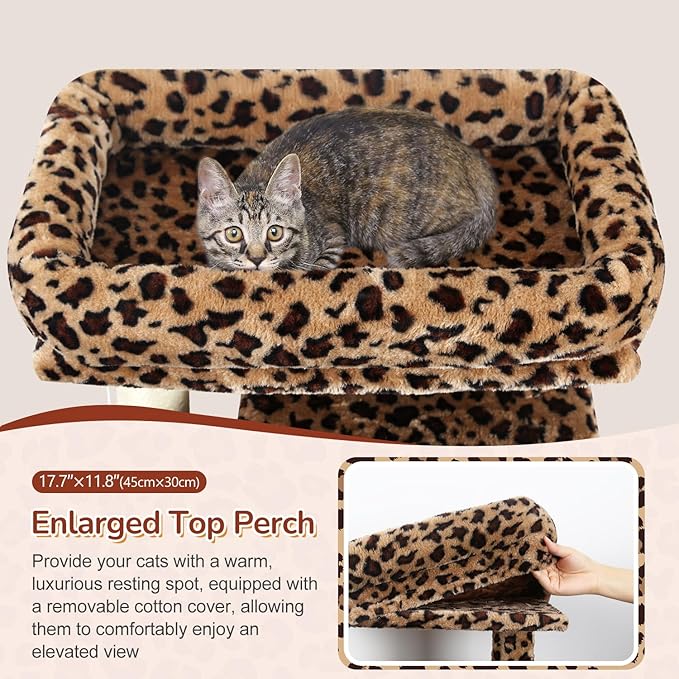 Globlazer Heavy Duty Leopard Cat Tree, 70in Sturdy Cat Tree for Indoor Cats Sturdy Large Cat Tower with Scratching Post & Board, Hammock, 2 Cat Condo for Adult Cats Kittens, F70 Pro, Leopard Print - Image 2