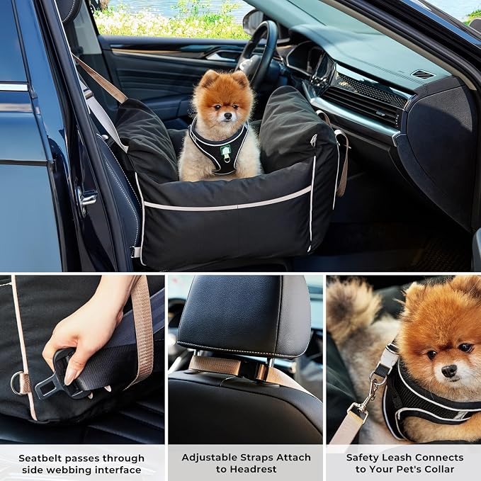 ZOMISIA Dog Car Seat for Small Dogs - Waterproof Pet Booster Seat for Car with Clip-On Safety Leash, Travel Carrier for Medium Puppy up to 25 lbs, Adjustable Buckles, Black - Image 3