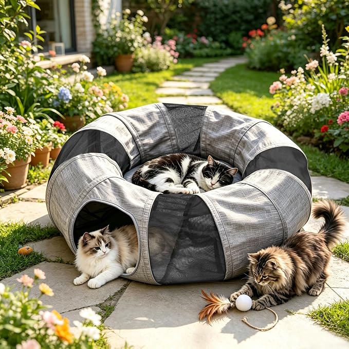 Ownpets Collapsible Cat Tunnel Toy - 2-in-1 Interactive Play Tunnel for Cat up to 18 lbs, Tear-Resistant Mesh, Fold to 2 Inches Thick, Portable Cat Exercise & Entertainment Tunnel, 12" Diameter, Grey - Image 9