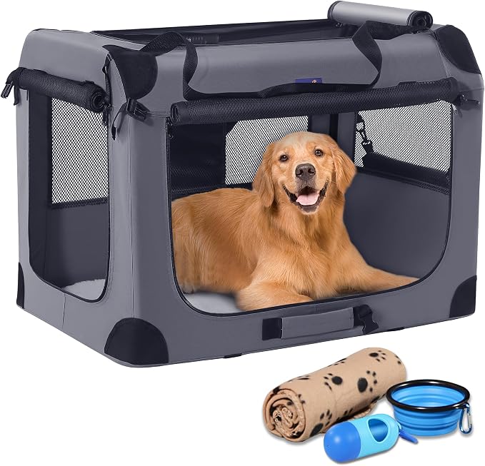 Petprsco Collapsible Dog Crate, 40 inch Portable Dog Crates for Large Dogs | Large Soft Foldable Dog Crate & Kennel for Travel, 3-Door with Sturdy Steel Frame & Durable Mesh Windows, Indoor/Outdoor by Petprsco