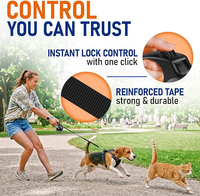 20.1 ft Retractable Dog Leash for Dogs 10–100 lbs - Heavy Duty Tape Leash with Strong Nylon Tape - 360° Swivel Control - One-Click Brake & Lock - Ergonomic Non-Slip Grip for Safe & Easy Daily Walks BK - Image 5