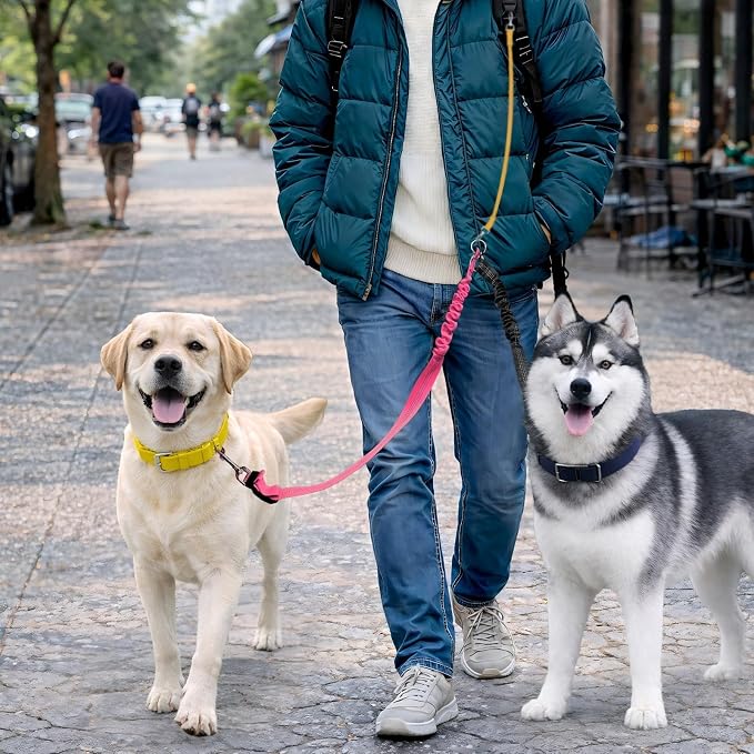 Double Dog Leash for Two Dogs, Professional No Tangle 360° Swivel Coupler with Shock Absorbing Bungee, Adjustable Length Dual-Sided Reflective Two Dogs Lead Splitter for Small Medium Large Dog - Image 6