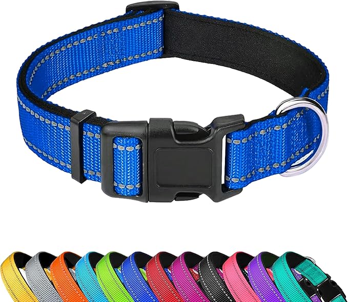 Reflective Dog Collar, Adjustable Soft Neoprene Padded,Navy Blue,S | Breathable Nylon for Small Dogs,Tear-Resistant Webbing,Chafe‑Free on Walks and Hikes,Metal D-Ring,Night Safety by PWOD
