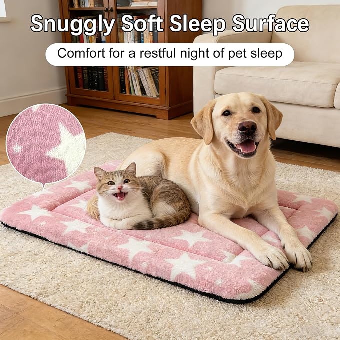 Dog Bed Mat – Soft & Comfortable Dog Kennel Pad for Crate – Durable Crate Bed & Mat for Dogs & Cats – Ideal for Crate, Kennel, and Home Use (Big&Little Stars Pink, L(35"*23"*1.5")) - Image 2