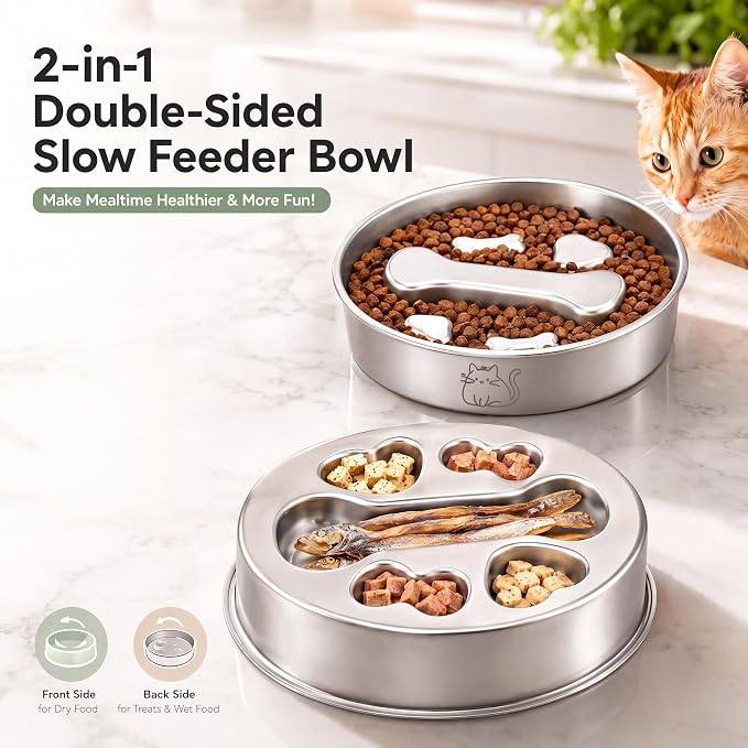 Stainless Steel 2‑in‑1 Double‑Sided Slow Feeder Bowl | 2 Cups Capacity, Non‑Slip Dish for Fast Eaters, Anti‑Gulping Pet Bowl for Small Medium Dogs & Cats, Dishwasher Safe - Image 5