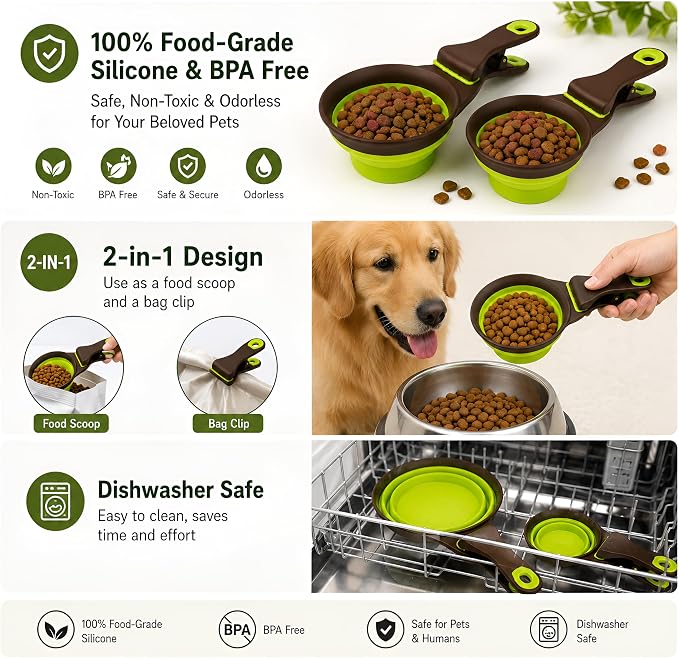 Collapsible Dog Bowls (2 Pack) - Portable Silicone Pet Food Scoop & Measuring Cups with Bag Clip, Travel Dog Feeding Bowl Set with Premium Gift Box, Green - Image 3