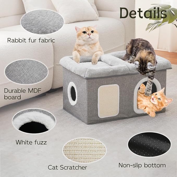 WINDRACING Cat House for Indoor Cats - 24.4" W Extra Wide Cat Bed Cave for Double Small Cats and Foldable with Scratch Pad, Cat Hideaway Condo for Kitten, 24.4x16.9x14.2 Inches, Light Grey - Image 5