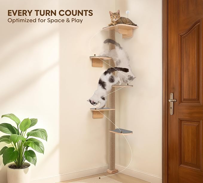 Floor to Ceiling Cat Tree for Kittens, 5-Tier Wall Mounted Cat Wall Shelves with Grey Felt Pads, Adjustable Wild Simulation Cat Tower, Natural Pine Wood Platforms for Climb, Scratch and Lookout - Image 6