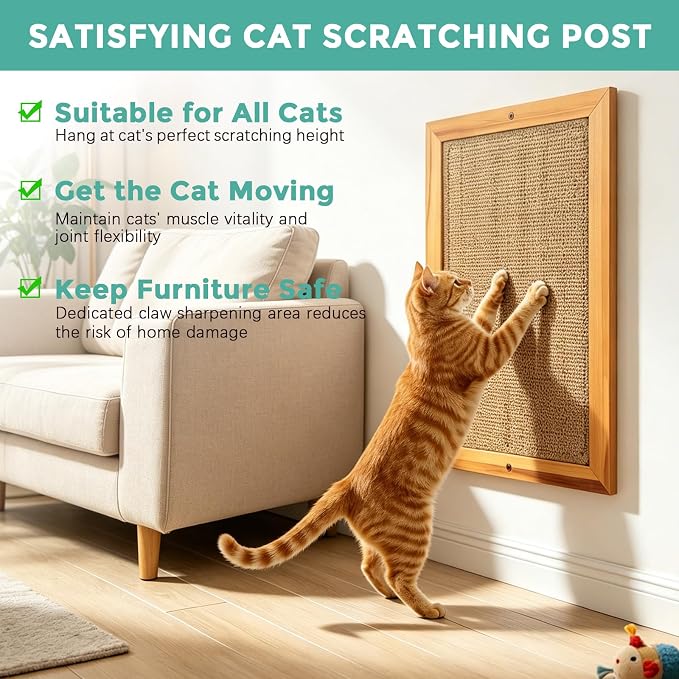 Cat Scratching Post -XXL, Natural Wooden Sisal Cat Scratch Pad, Floor or Wall Mounted Vertical Cat Scratcher Mat for Indoor Cats Adults or Kittens, Scratching Board Cat Wall Furniture Protector - Image 5