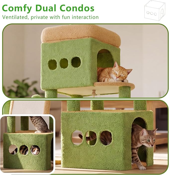 Heybly Cat Tree 72.4-Inch Anti-Tip Cat Tower with Spacious Perches HCT060GY | All-in-One Cat Furniture for Large Cats, Multiple Interactive Areas, Extra-Large Sisal Scratching Board, Green and Yellow - Image 3
