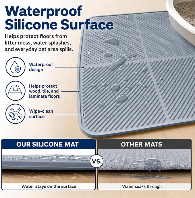 Silicone Cat Litter Mat, 30'' × 23'' Large Waterproof Cat Pad for Litter Box, Easy-Clean Trapping Surface with Raised Edge, Gentle on Paws, Gray - Image 2