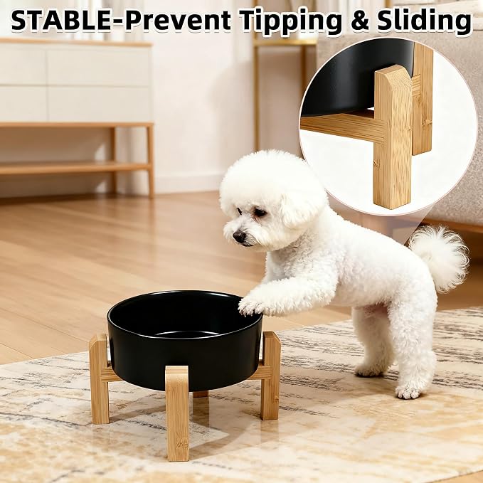 Elevated/Raised Ceramic Dog Bowl with Bamboo Stand，6 Inch 3.6 Cups Non Slip Heavy Weighted Single Pet Dish, for Small Medium Breed & Cats,Reduces Neck Strain Black - Image 6
