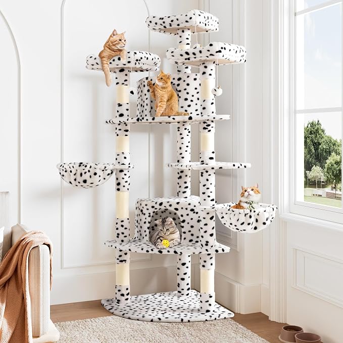 Allewie 73in Fan-Shaped Space-Saving Corner Cat Tower/Multi-Level Tall Cat Tree for Indoor Kitties/Cozy Baskets/Condos/House/Perches/Sisal Scratching Posts/Pet Activity Center/White & Black Spot by Allewie