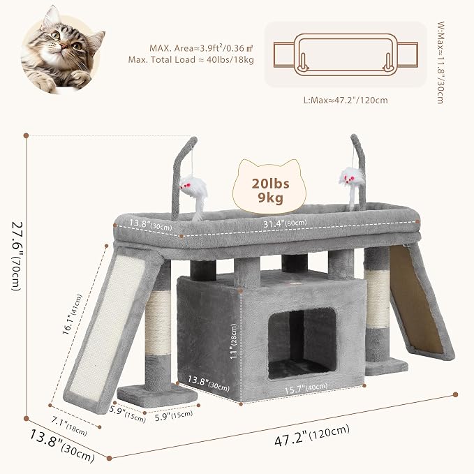 Heybly Cat Tree Extra-Long & Stable 2 Adjustable Scratch Boards HCT210SW | Easy-Climb Cat Tower with Dual-Leg Floor Condo, Sturdy Cat Furniture with Extra Wide Platform & Interactive Toys, Light Gray - Image 5