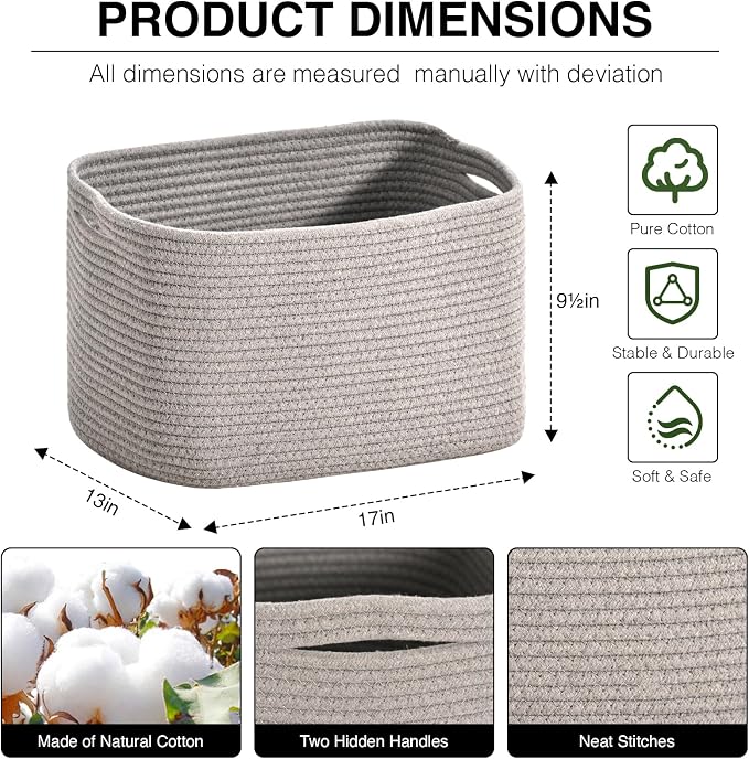 ICERZCZ Woven Cotton Rope Storage Basket for Organizing, Cute Decorative Baskets for Gifts Empty, Organizer Bins for Dog Toy, Baby Laundry, 17“×13”×9.5“, Light Grey - Image 2