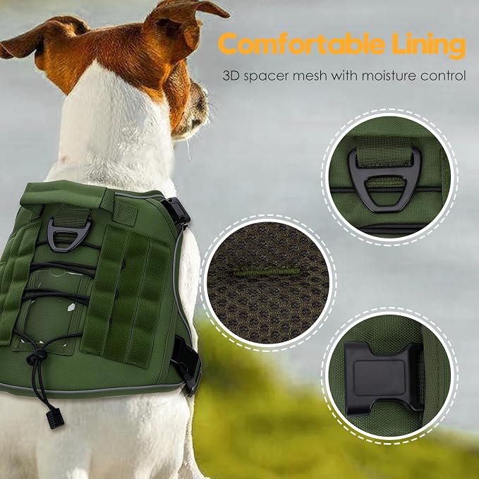 Heavy-Duty Tactical Dog Harness for Large Dogs, No Pull Adjustable Reflective Pet Vest with Molle System, K9 Military-Grade Control for Service Training, Outdoor & 10+ Breeds, Green, X-Large - Image 2
