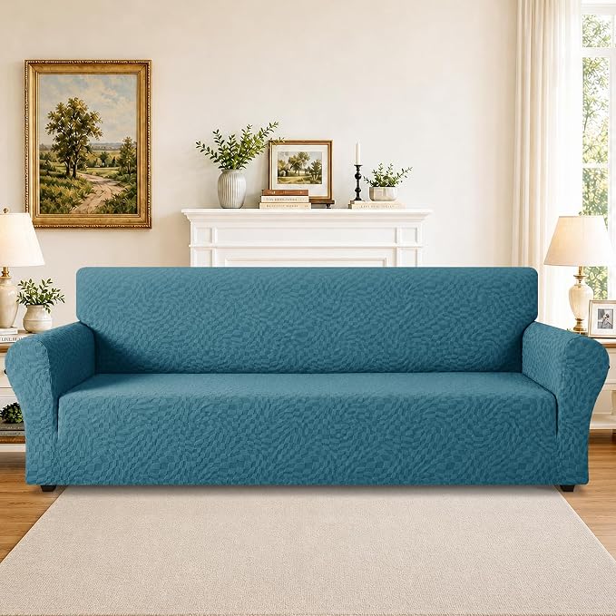 ZNSAYOTX 1 Piece Stretch Oversized Sofa Covers (91"-112"), New Plaid Couch Cover with Non-Slip Buckle for Dog Pets, Ultimate Soft Cozy Washable X-Large Sofa Slipcover Form Fit Protector, Teal - Image 2