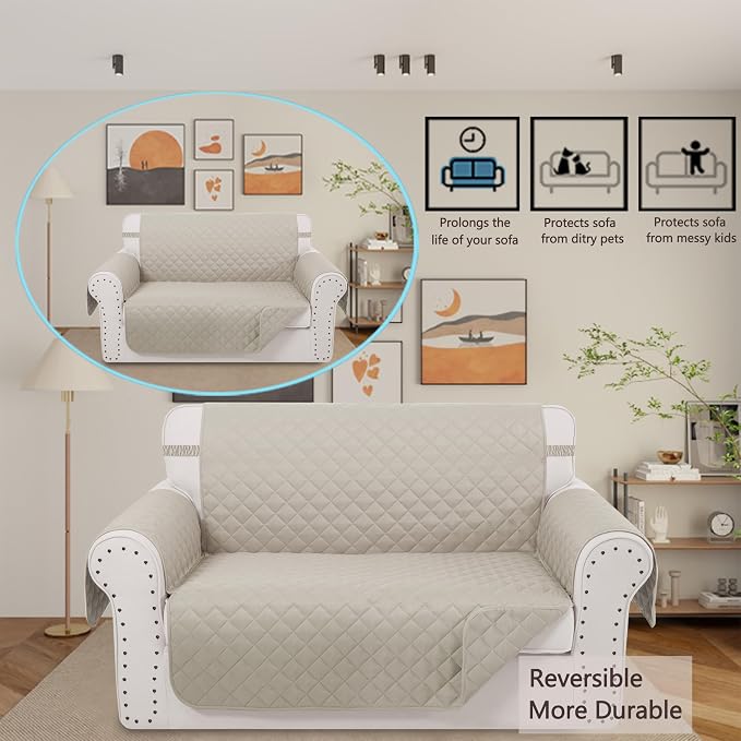 Reversible 45" Small Loveseat Sofa Covers, Beige/Beige | Loveseat Covers for Dogs Water Repellent, Friendly Furniture Protector with Elastic Straps for Living Room - Image 2