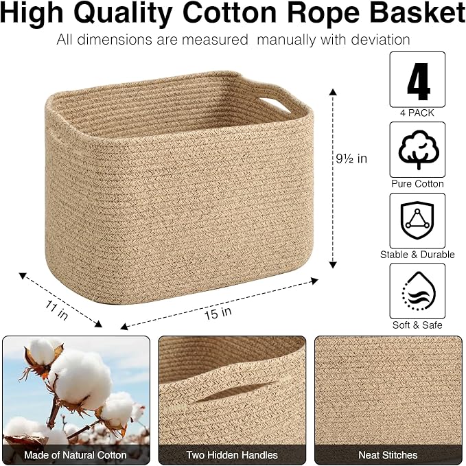 ICERZCZ Storage Baskets for Organizing & Shelves, Woven Cotton Rope Organization Bins for Dog Toys, Clothes, Books, Nursery Organizer, 15"Lx11''Wx9.5''H, (4 Packs) Brown - Image 3