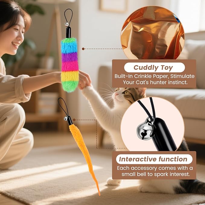 Interactive Cat Toys Replacement Tails Accessories for Cat Ball, 10Pcs | Feather, Worm, Plush Attachments, With Bells, Fun and Engaging, Soft and Safe, Multiple Colors and Styles, Easy to Attach - Image 3