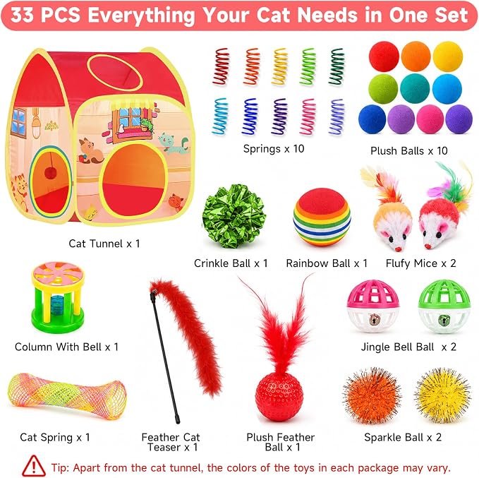 AILUKI 33PCS Cat Toys Variety Pack for Indoor Cats, Kitten Toys Cat Tunnel | Kitten Toys for Indoor Kittens Cat Toy Bundle Set with Feather Teaser Wand, Springs Balls Bell Mice & Interactive Cat Toys - Image 2