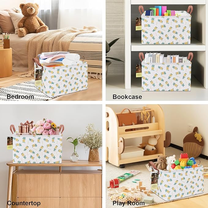 Rectangle Foldable Storage Basket Handles For Home, Pineapple | Waterproof canvas material, reinforced handles, perfect for shelf use, organizes clothes, daily items and pet supplies - Image 5