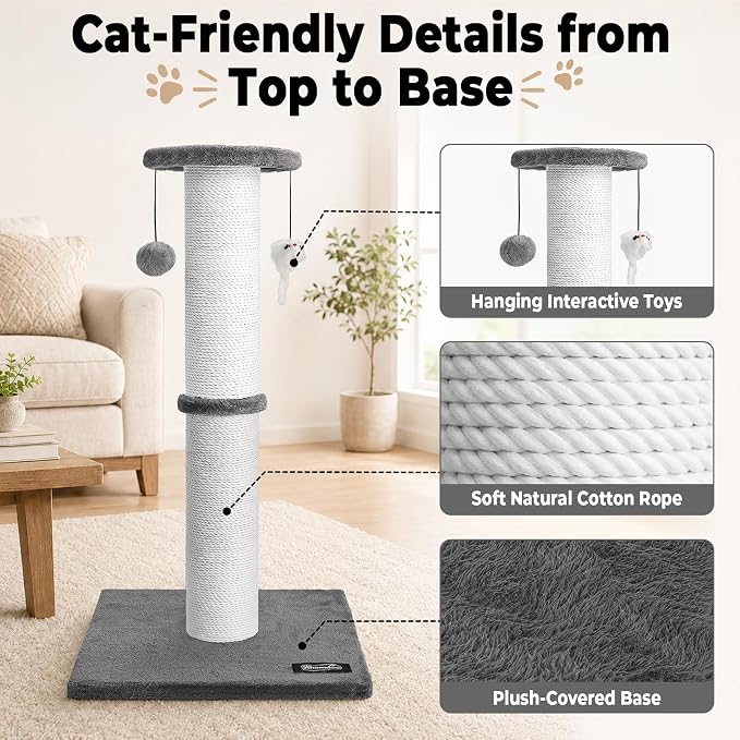 34-Inch Tall Cat Scratching Post for Large Cats, Stable Base, Gray | Heavy-Duty Cat Scratcher, Extra-Tall Thick Post, Soft Natural Cotton Rope, Hanging Interactive Cat Toys, Indoor Cat Furniture - Image 4