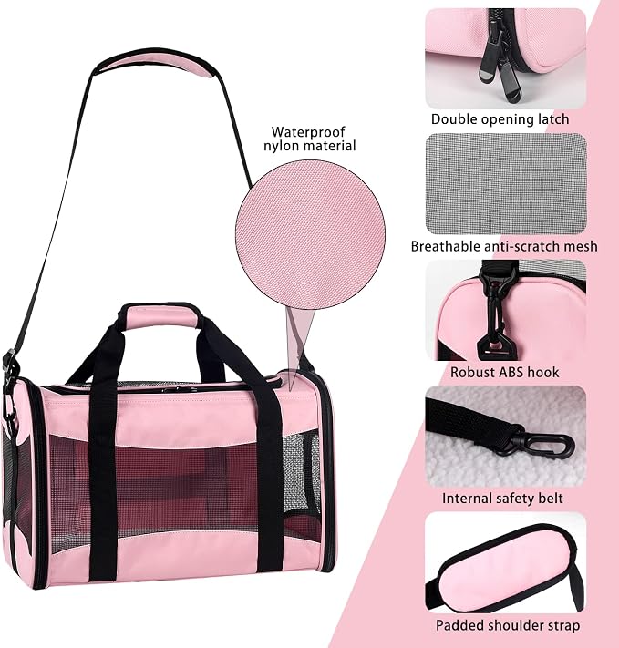 Cat Carrying Case - Pet Carrier Airline Approved, Protable and Breathable Pet Travel Carrier Removable Fleece Pad, Collapsible Cat Carrier Dog Carrier for Medium Cats Small Cats Dogs (Medium, Pink) - Image 5