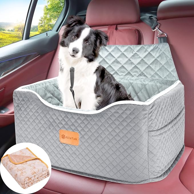 AlfaTok Memory Foam Booster Dog Car Seat for Medium Dogs Under 45 LBS, Elevated Pet Car Seat with Detachable Washable Cover, Anti-Slip Sturdy Dog Booster Seat with Seat Belt for Back Seat Travel by AlfaTok