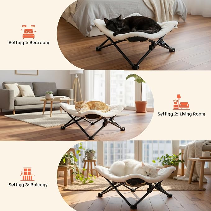 PETKARAY Foldable Cat Hammock Bed, Elevated Fluffy Kitty Lounge Furniture with Metal Frame, Raised Cat Hammock Chair for Indoor Cats - Image 6