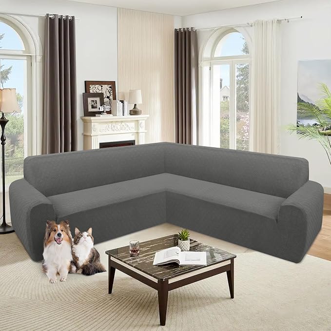 ALIECOM Corner Sectional Couch Covers Washable Sofa Cover L Shaped Couch Cover for Dogs Pets Stretch Soft Sectional Slipcovers with Non Slip Strips U Shape Furniture Protector (Medium Grey, X-Large) - Image 2