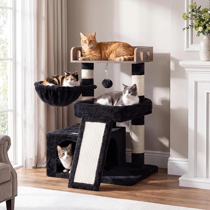 Heybly Cat Tree, Multi-Season Stable Cat Activity Tower, HCT207SG | Wooden Top Platform Cat Tower, Soft Plush Perch, Sisal Scratching Board, Cat Basket & Cozy Kitten Cat Condo, Smoky Gray by HEYBLY