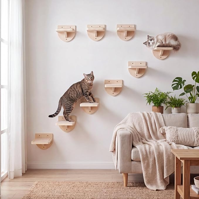 SiliFine Set of 9 Natural Wood Color Cat Wall Stairs, Climbing Steps, Cat Wall Shelves Perch with Fixtures and Felt 8.7"x4.7" Stairs Natural Birch Wooden | Floating Steps for Playing Climbing - Image 7