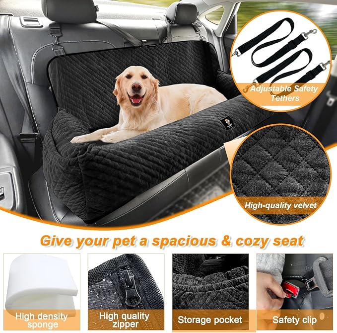 Dog Car Seat for Large Dogs Under 100 LBS,Dog Car Bed Washable Pet Travel,Super Soft Safe Removable Pet Booster Seat-Black - Image 4