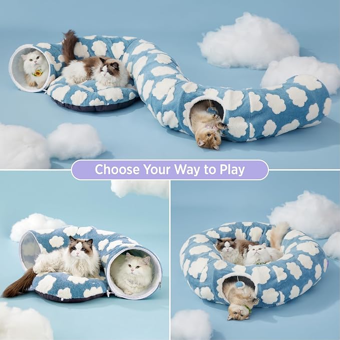 Lesure Donut Cute Jacquard Large Cat Tunnel Bed Kitten Toys for Dog Bunny | 39.5x39.5x10in,Round Large Cat Bed Tube for Multi Kittens,Pet Peekaboo Cave Toy,Spiral Hideaway,Washable Cushion,Blue - Image 2