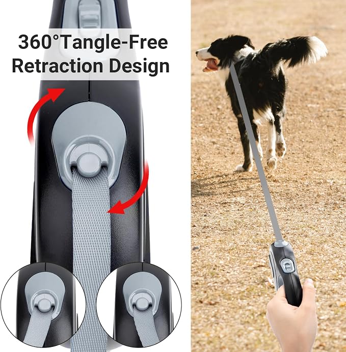 Segarty Retractable Dog Leash, 16ft Heavy Duty Walking Dog Leash for Medium Small Dogs up to 44lb, Anti-Slip Handle 360°Tangle-Free Nylon Tape, One-Handed One Button Lock and Release (Gray) - Image 4