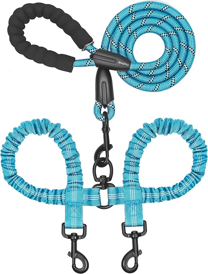 Double Dog Leash, 360° Swivel, No Tangle, Large, 25-150 lbs, Blue | Dual Leash for Two Dogs, Split Leash, Shock-Absorbing Bungee, Padded Handle, Heavy-Duty Rope by iYoShop