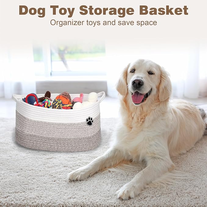 Optish 25L Medium Dog Toy Basket, Woven Rope Storage Basket, White-Brown | 16.5" x 11" x 9" Toy Storage Box and Bin with Handles for Living Room, Bedroom Organization, Foldable, Durable, Home Decor - Image 2
