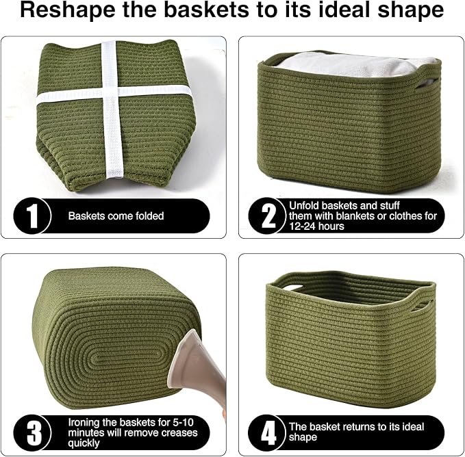 ICERZCZ Storage Basket for Shelves, Small Baskets for Organizing, Woven Cotton Rope Baskets for Storage, Book Basket, Decorative Shelf Basket, 12.5"Lx9.1''Wx7.9''H (4 Packs) Green - Image 7