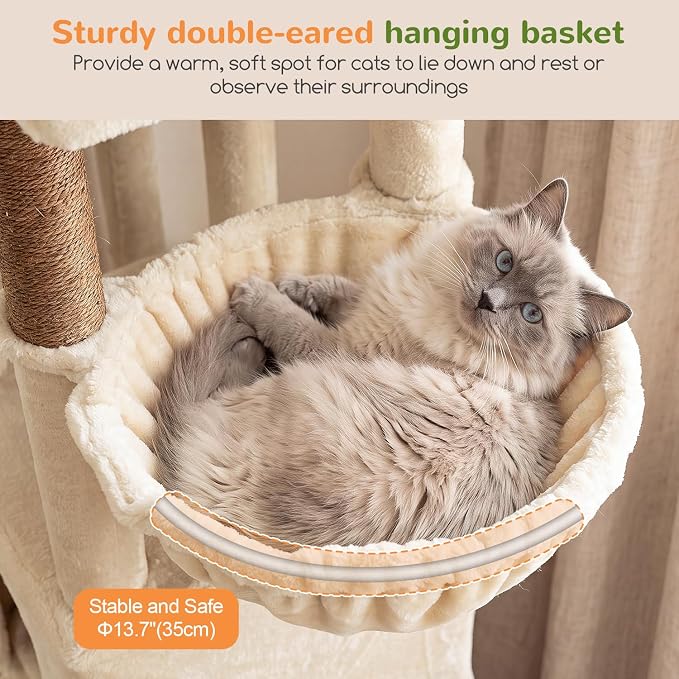 Globlazer Sturdy Cat Tower for Indoor Cats 20lbs, 76in, S76E, Beige | Heavy Duty Cat Tree for Adult Big Cats Maine Coon with Scratching Post, 2 Extra Large Top Perch, 2 Padded Cat Condos - Image 4