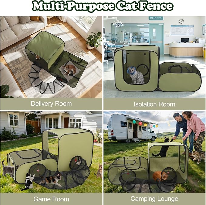 Cat Playpen, 3-in-1 Pop-up Outdoor Cat Enclosure, Green | 2 Rooms & Tunnel, Breathable Mesh, Carry Bag, Interactive Toys, Multi-Entry Doors, Indoor & Outdoor Use for small pets - Image 6