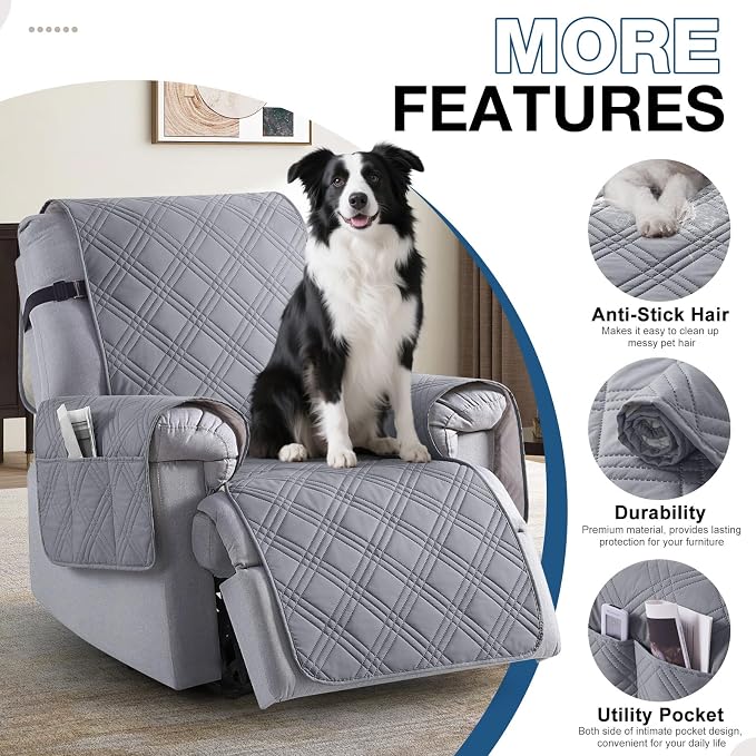 TAOCOCO 100% Waterproof Recliner Chair Covers, Non Slip Recliner Covers for Recliner Chair with Pocket, Washable Reclining Chair Cover Furniture Protector for Kids,Dogs(25'', Grey) - Image 5