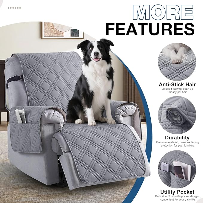 TAOCOCO Waterproof Large Recliner Chair Cover, Non Slip Recliner Covers for Recliner Chair with Double Straps, Reclining Chair Cover Furniture Protector for Kids, Pets(28'', Gray) - Image 5