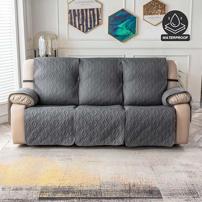 Genina Waterproof Couch Cover for Reclining Couch 3 Seat Recliner Sofa Covers, Non-Slip Recliner Couch Cover Furniture Protector with Elastic Straps for Pets, Dogs (Dark Gray, Recliner Sofa) - Image 8