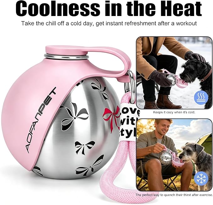 Portable Dog Water Bottle 10oz Stainless Steel Travel Dog Water Dispenser with Bowl No-Spill Puppy Water Bottle for Walking Hiking Small Dog Water Bottle (Pink Bow Print) - Image 6
