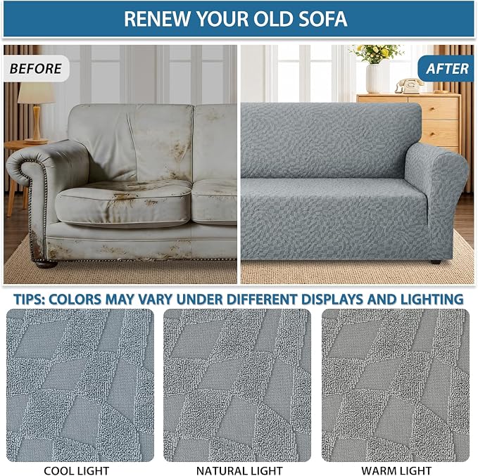 ZNSAYOTX 1 Piece Stretch Oversized Sofa Covers (91"-112"), New Plaid Couch Cover with Non-Slip Buckle for Dog Pets, Ultimate Soft Cozy Washable X-Large Sofa Slipcover Form Fit Protector, Light Grey - Image 5