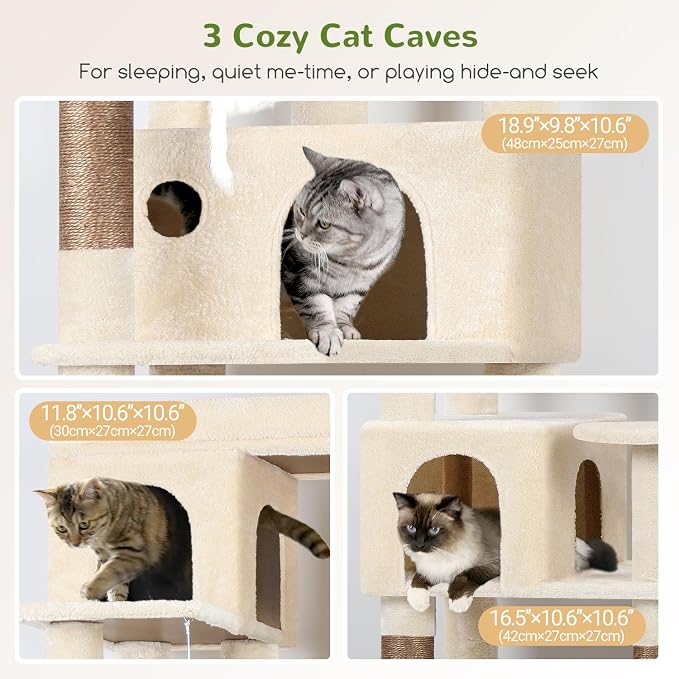 Globlazer F66 Corner Cat Tree, 66in Multi-Level Climbing Tower, Beige | Kitty Condos Cat Scratching Tower for Indoor Multiple Cats with Large Platform, 3 Cat Caves, Hanging Basket - Image 4